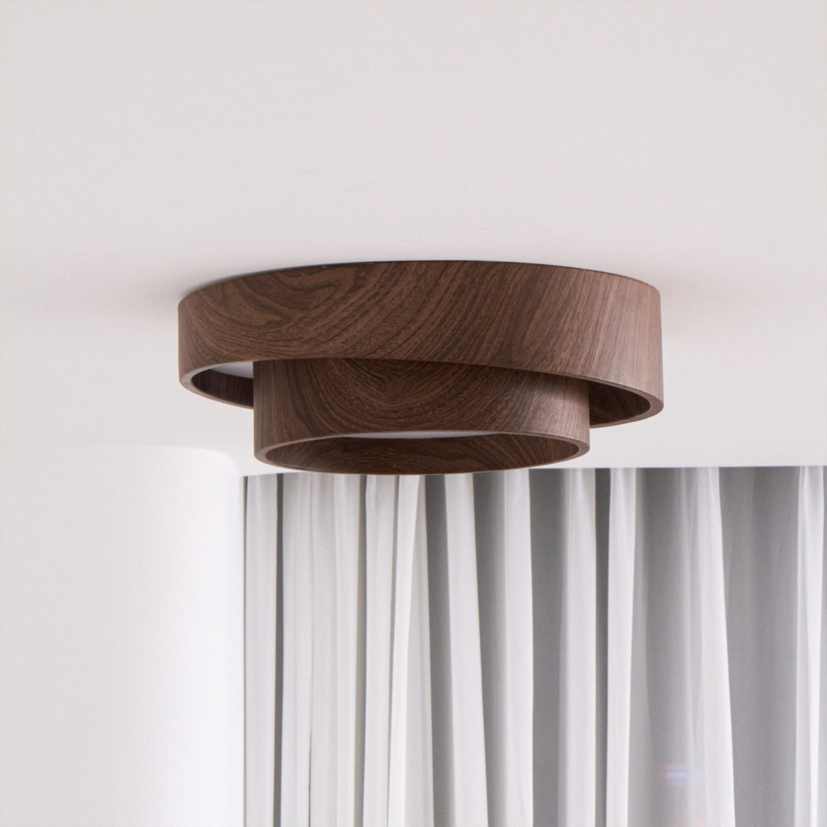 Flush mount ceiling light with walnut wood finish and multi-color LED, modern low-profile design