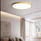 Slim round LED ceiling light with Japanese-inspired wood accent finish, flush mount