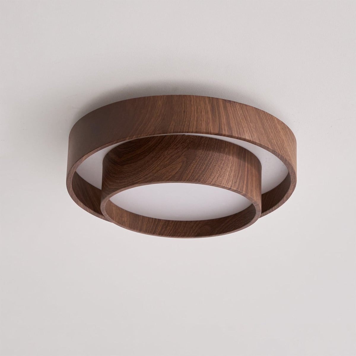 Flush mount ceiling light with walnut wood finish and multi-color LED, modern low-profile design