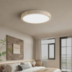 Flush mount ceiling light with travertine finish, slim profile, round LED, three sizes