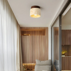 Travertine cylinder ceiling light with wood accent, warm white E27, Japandi style