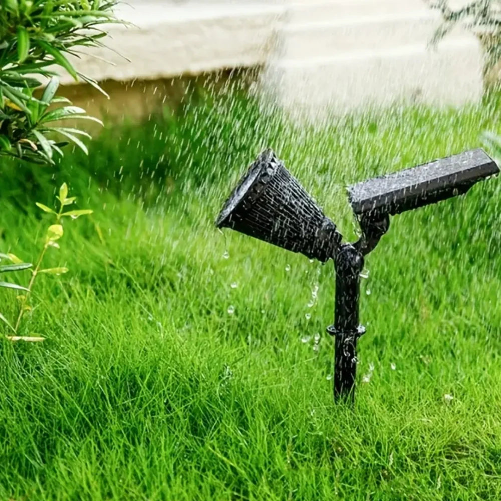 Solar garden spotlight with 9 color modes, IP55 weatherproof, 90° adjustable panel