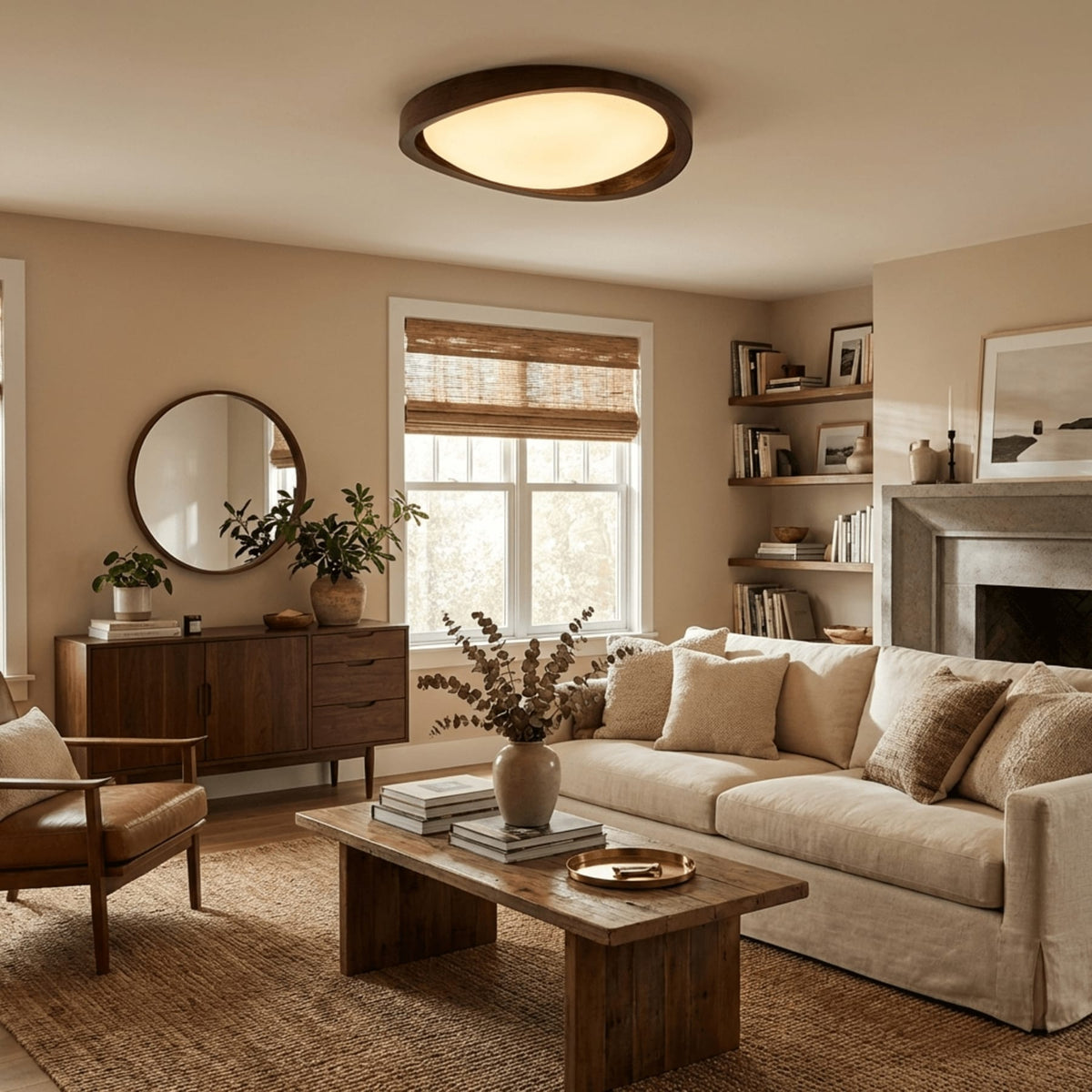 Flush mount ceiling light with walnut wood-effect frame and fabric shade, tri-colour, slim profile