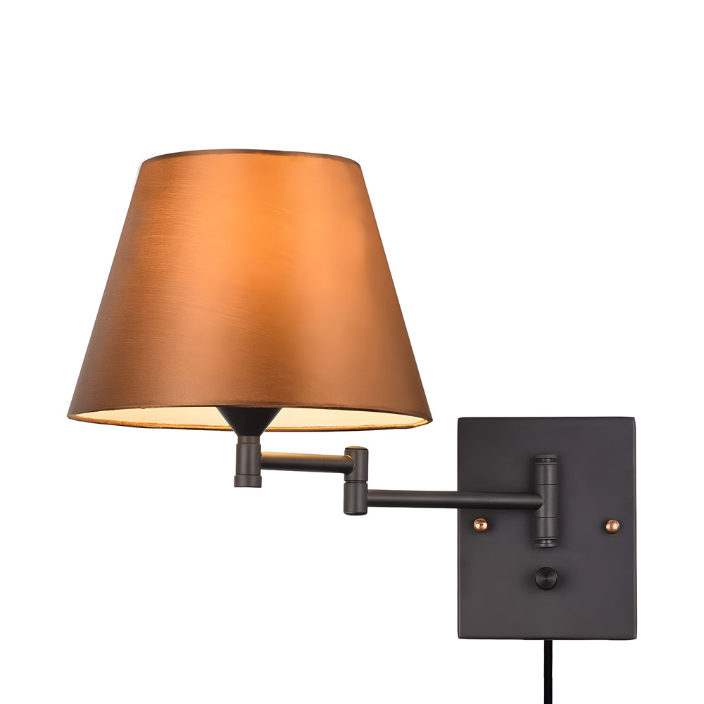 Plug-in swing arm wall lamp with linen shade and black iron frame, warm white E26 LED