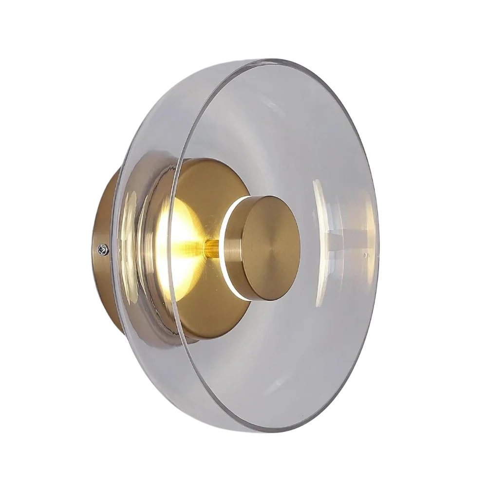 Round wall sconce with brass and glass shade, minimalist LED 1-light indoor fixture