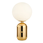 Hand-blown glass table lamp Nordic style, frosted globe on metal base, gold and black finish
