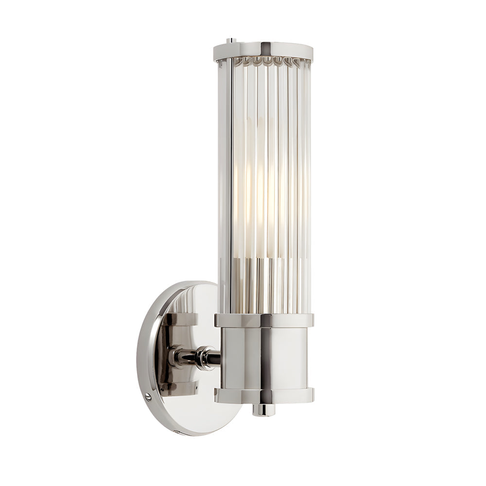 Modern wall lamp with cylindrical ribbed clear glass shade in chrome and gold finish, 1 or 2 light