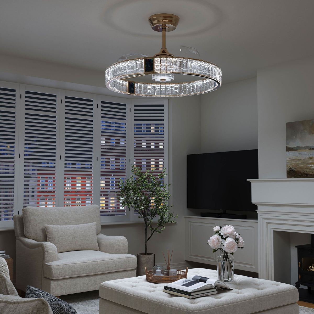 DC ceiling fan with LED light, gold crystal chandelier design, 60cm, 6 speeds with remote control
