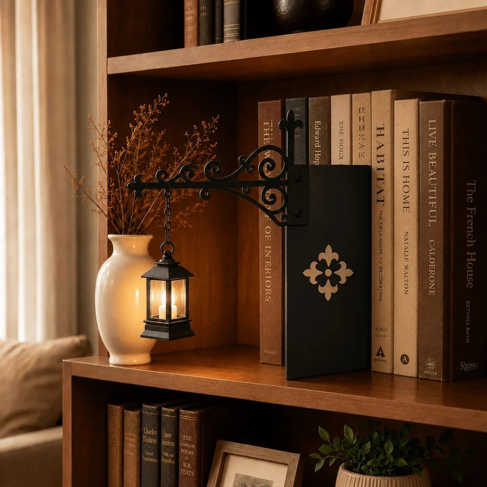 Bookshelf light with decorative mini pendant and wrought iron bracket, warm white cordless