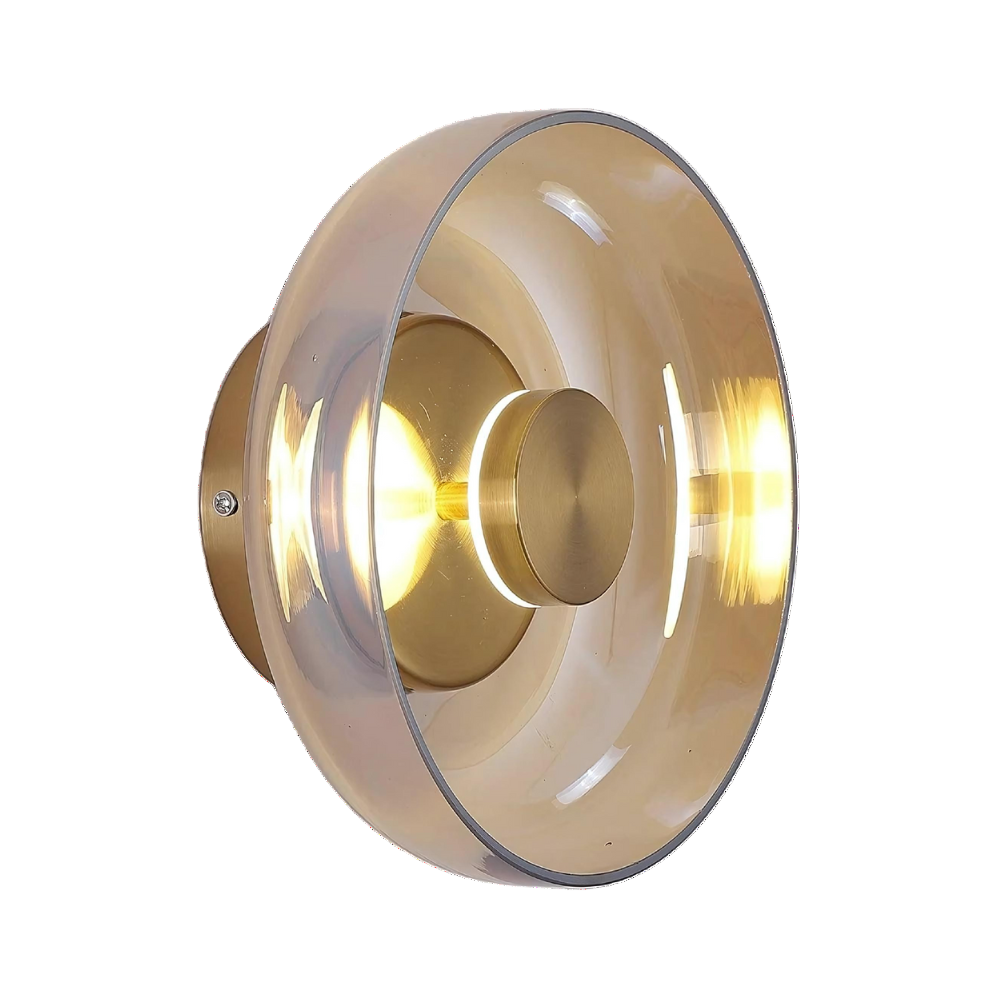 Round wall sconce with brass and glass shade, minimalist LED 1-light indoor fixture