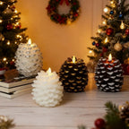 Flameless LED pinecone candles with remote timer and warm white flicker effect