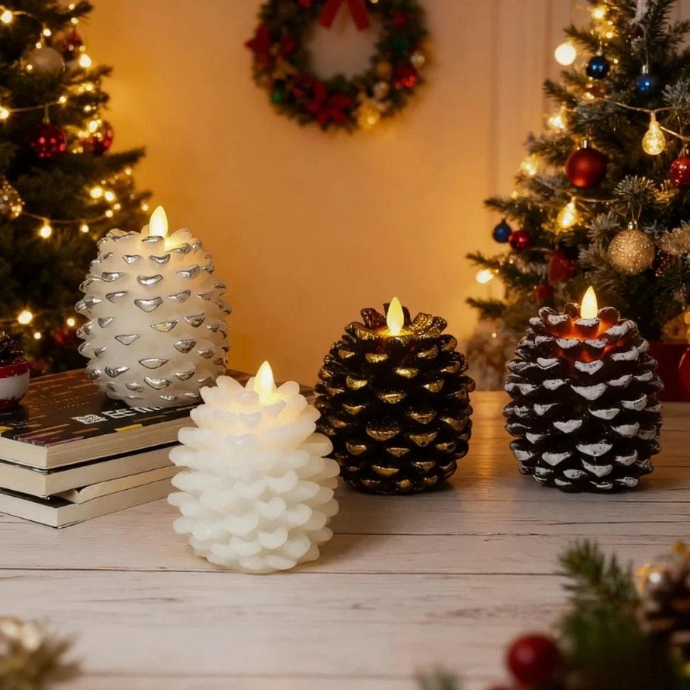 Flameless LED pinecone candles with remote timer and warm white flicker effect