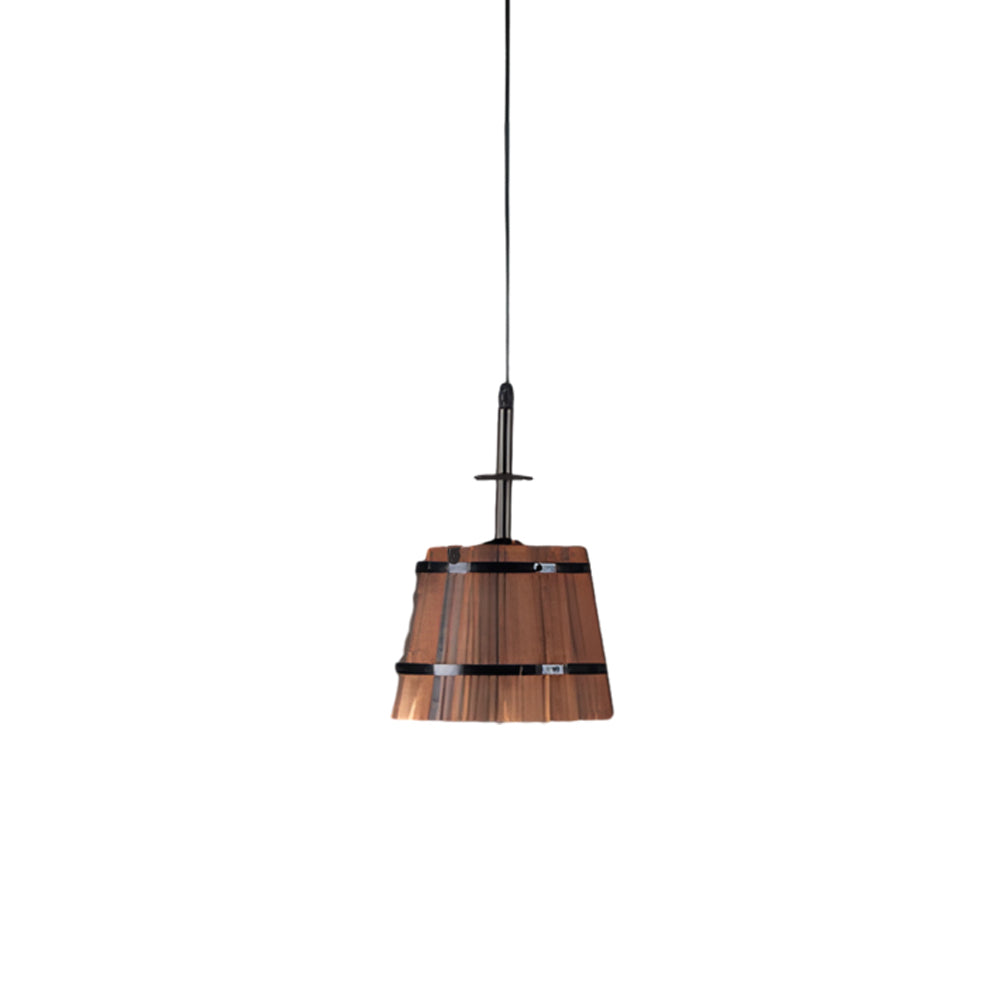 Pendant light with rustic wooden bucket shade, industrial vintage style