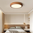 Flush mount ceiling light with walnut wood grain and white iron frame, slim modern profile