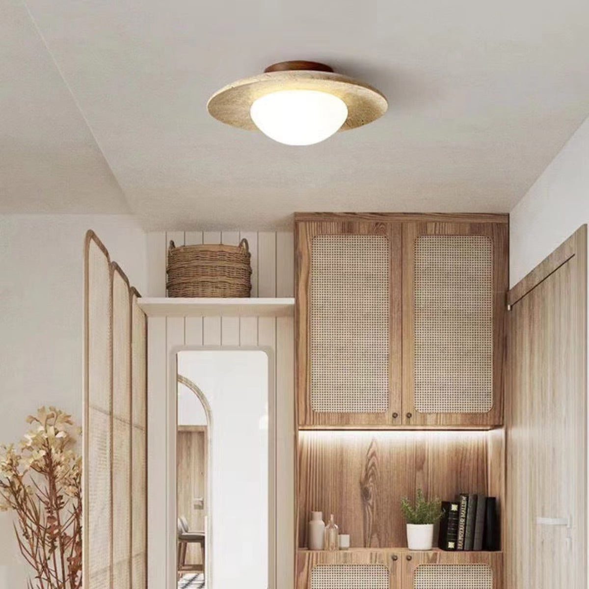 Semi-flush ceiling light with travertine and wood finish, warm white LED glow, modern low-profile design