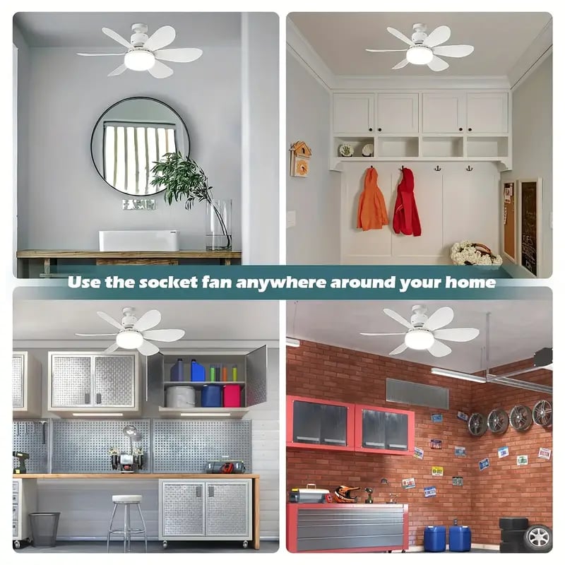 2-in-1 dimmable socket fan E26 E27 with remote control, LED ceiling fan