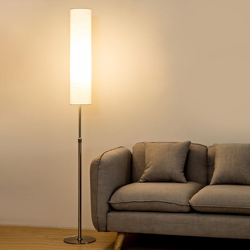 White cylindrical minimalist floor lamp 180cm metal and fabric shade, indoor living room