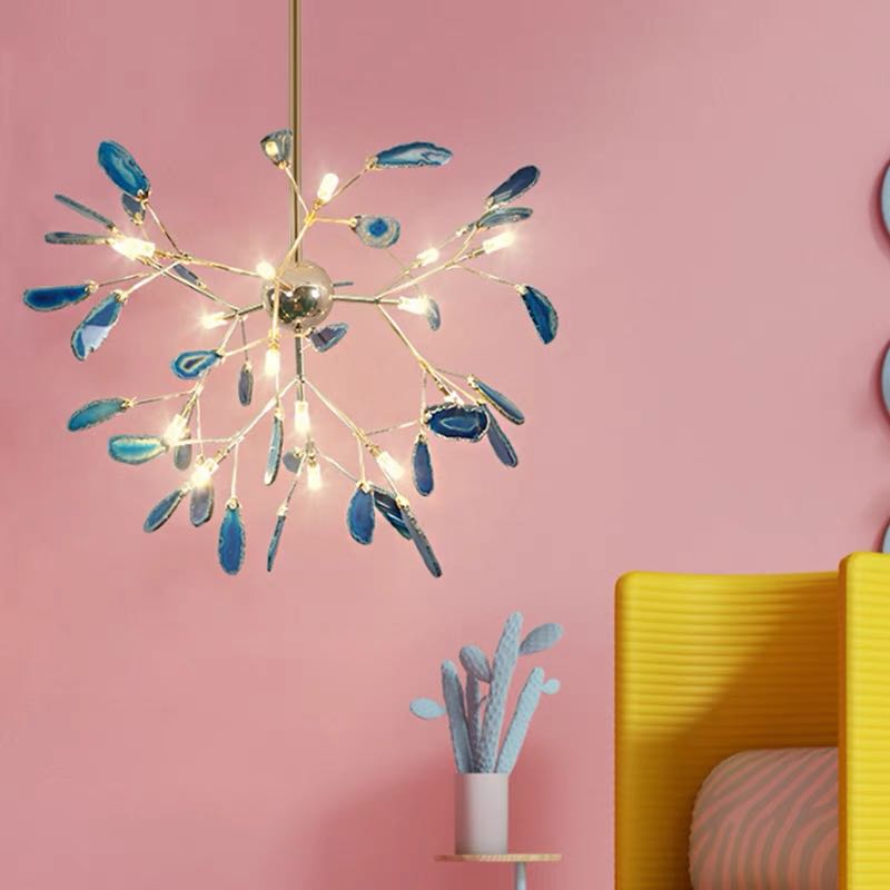 Branch-style glass chandelier with adjustable suspension and metal arms, three sizes