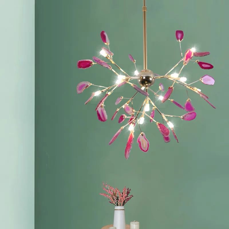Branch-style glass chandelier with adjustable suspension and metal arms, three sizes
