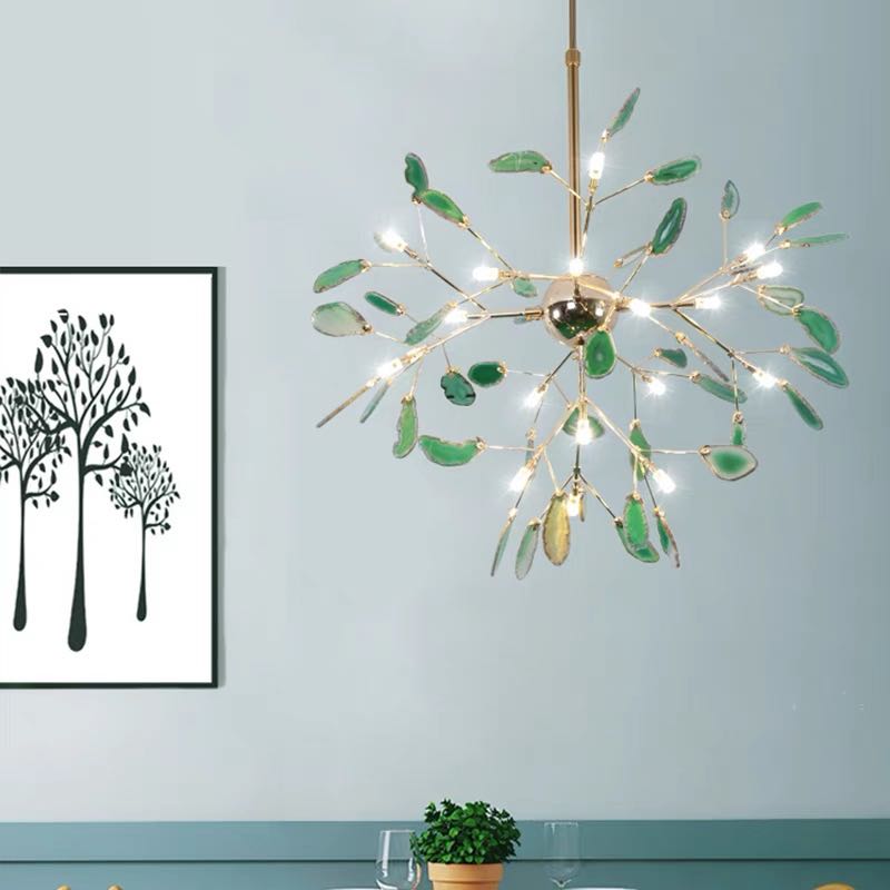 Branch-style glass chandelier with adjustable suspension and metal arms, three sizes