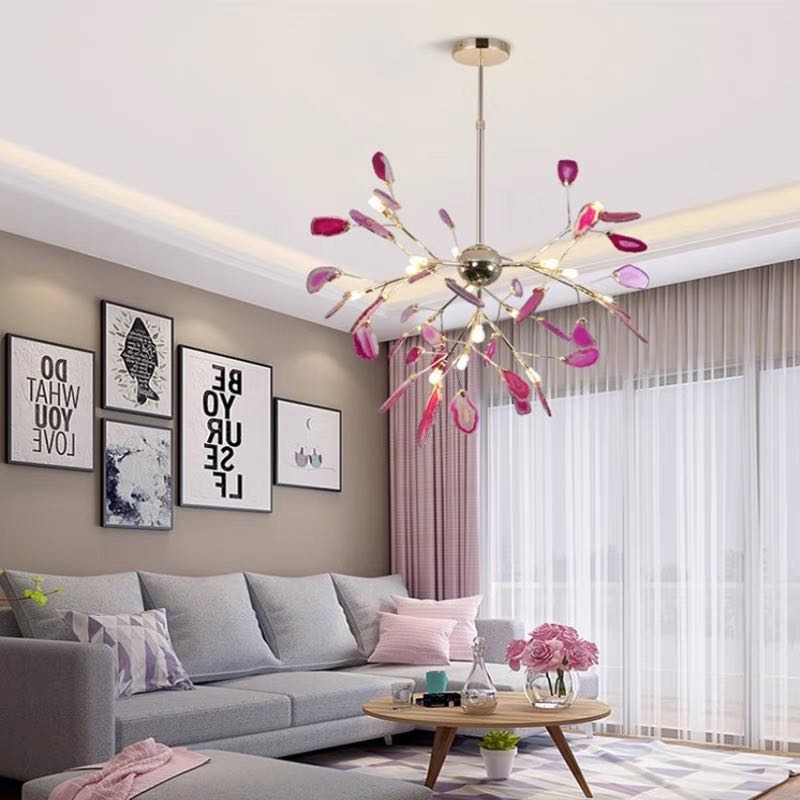 Branch-style glass chandelier with adjustable suspension and metal arms, three sizes