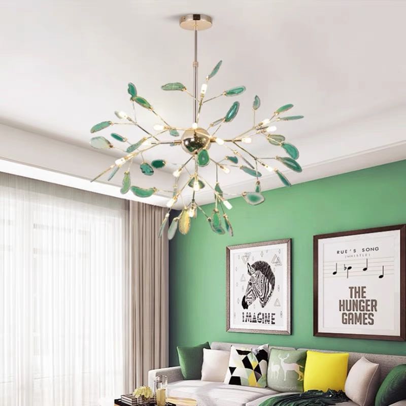Branch-style glass chandelier with adjustable suspension and metal arms, three sizes