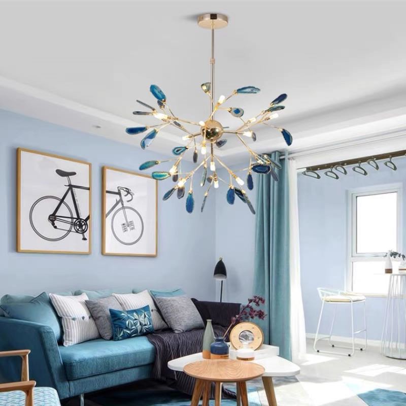 Branch-style glass chandelier with adjustable suspension and metal arms, three sizes