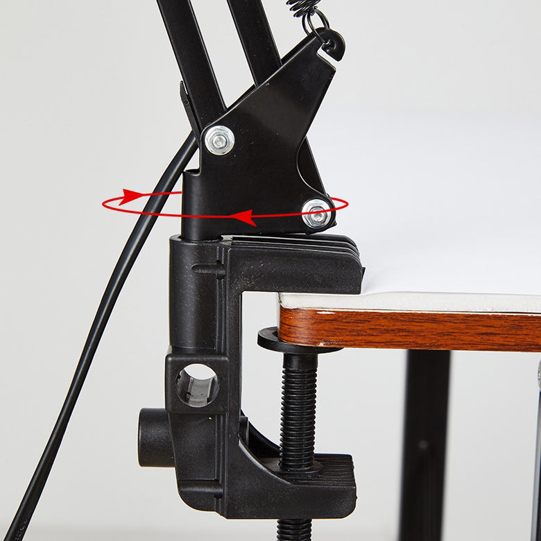 Adjustable LED table lamp with clip-on base and flexible arm, minimalist metal design