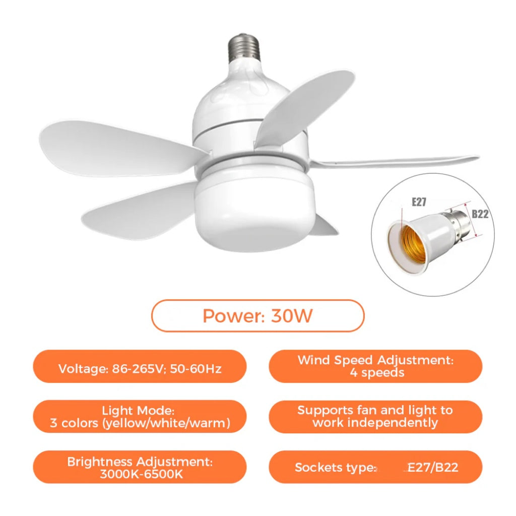 Socket Fan Ceiling Fan with Light | LED, Remote Control, E27/B22