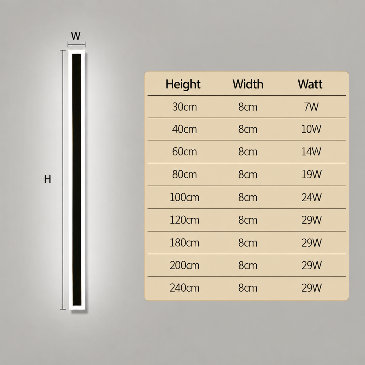 Linear outdoor wall light IP65 black LED strip design, 8cm wide, multiple heights
