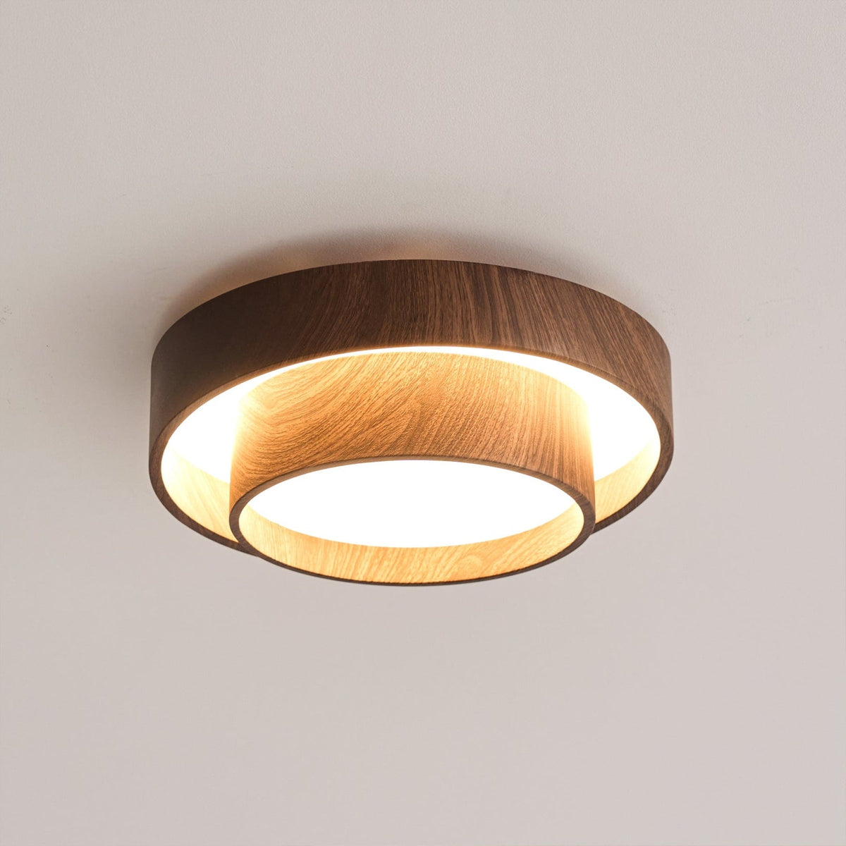 Flush mount ceiling light with walnut wood finish and multi-color LED, modern low-profile design