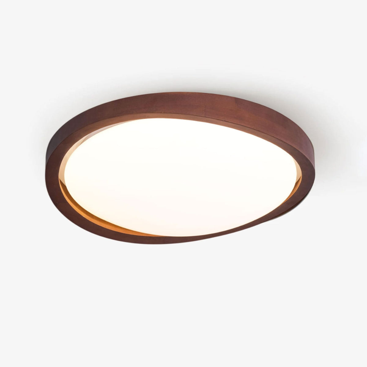 Flush mount ceiling light with walnut wood-effect frame and fabric shade, tri-colour, slim profile