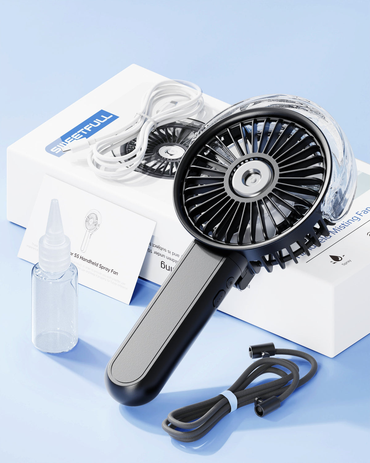 Outdoor misting fan portable foldable 180° handheld with nano-mist spray and 3 speeds