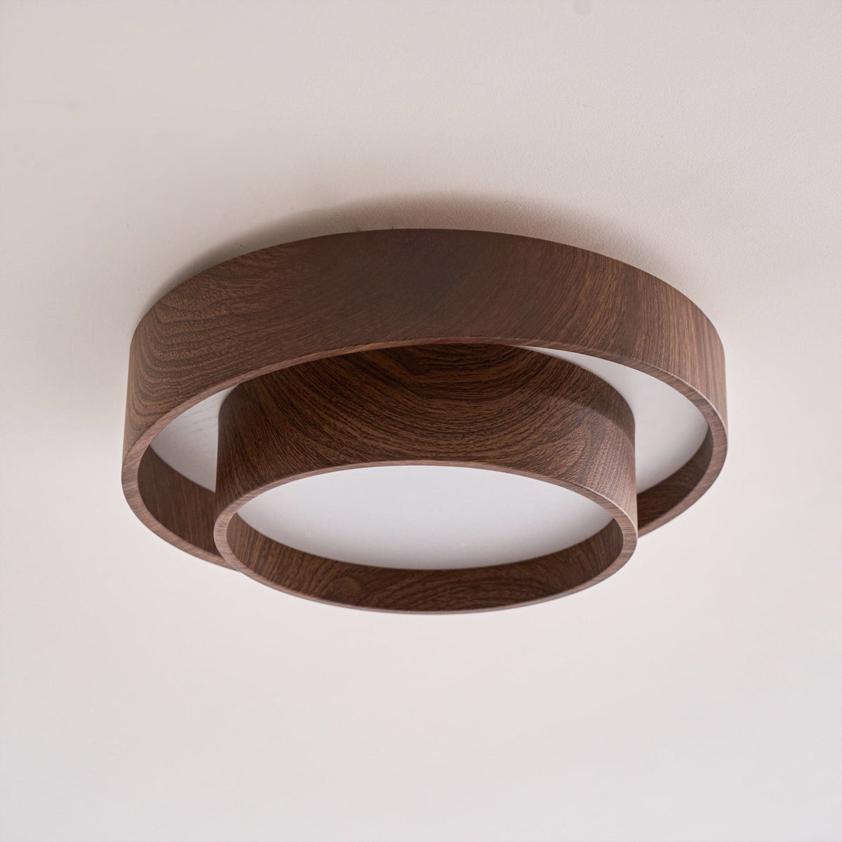 Flush mount ceiling light with walnut wood finish and multi-color LED, modern low-profile design