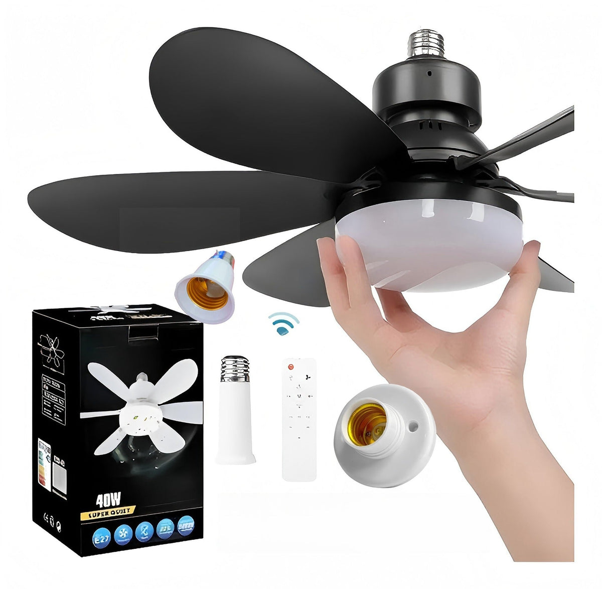 2-in-1 dimmable socket fan E26 E27 with remote control, LED ceiling fan