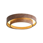 Flush mount ceiling light with walnut wood finish and multi-color LED, modern low-profile design