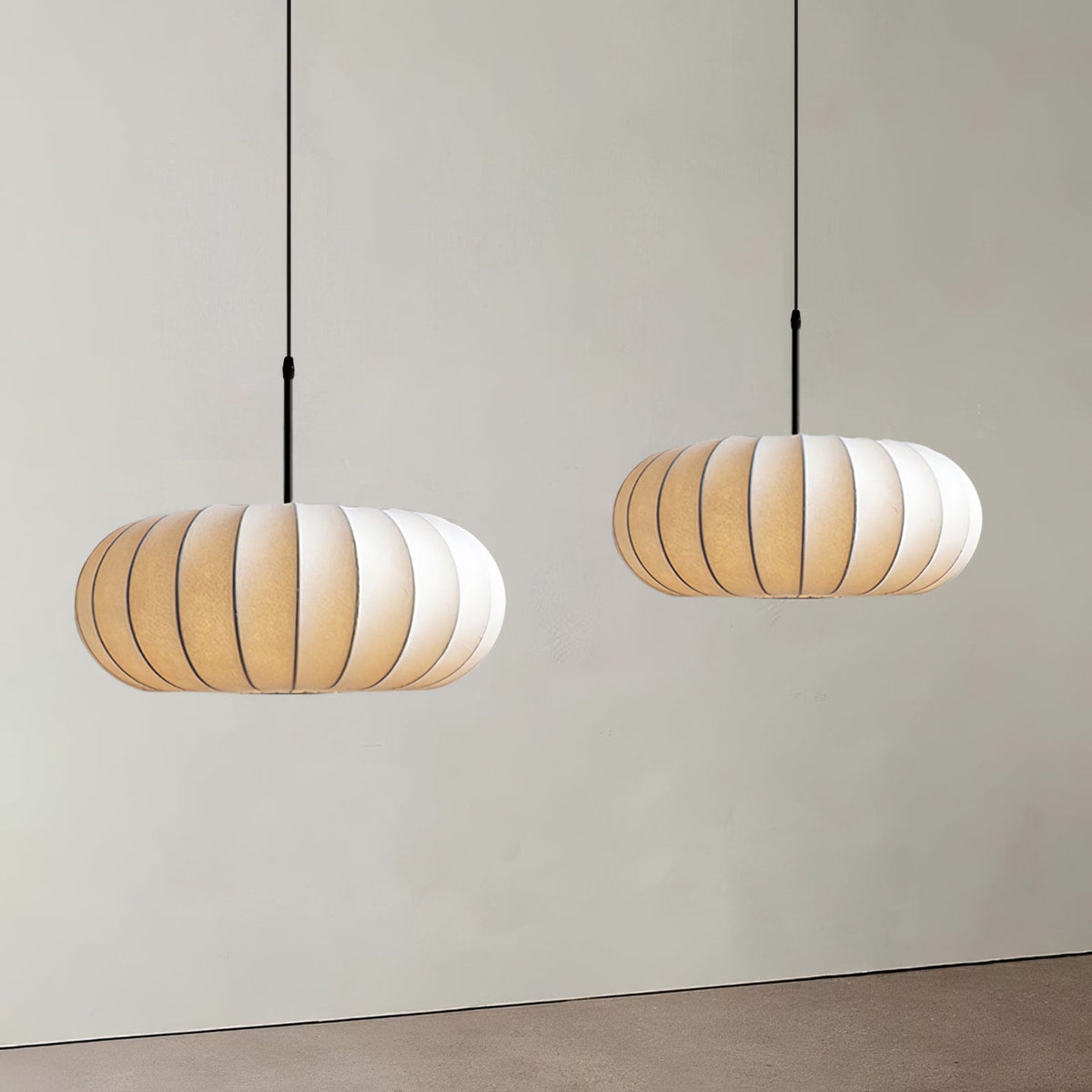 Fabric pendant light modern silk shade for living and dining room, hardwired matte finish