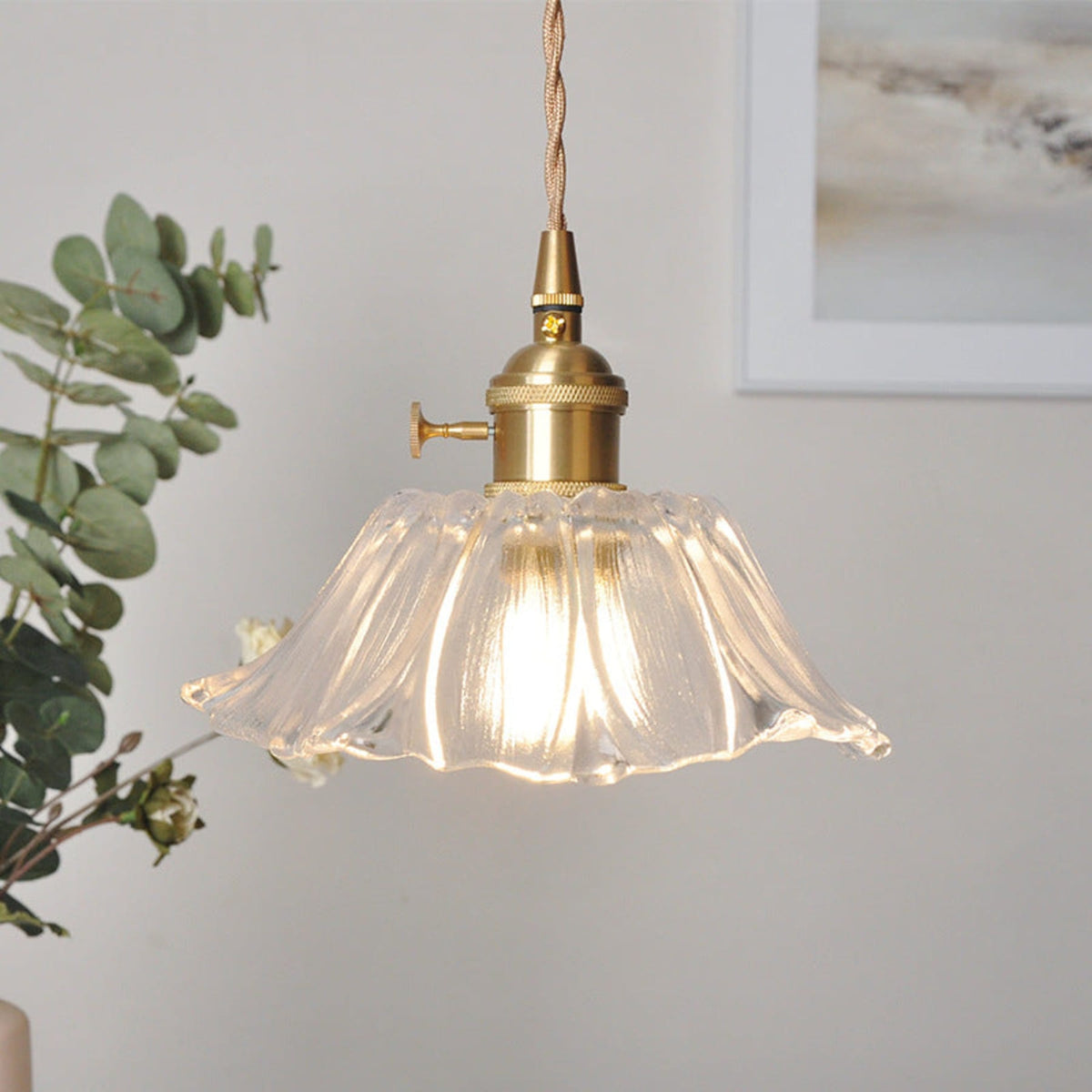Glass pendant light bohemian warm LED glow, copper and glass shade