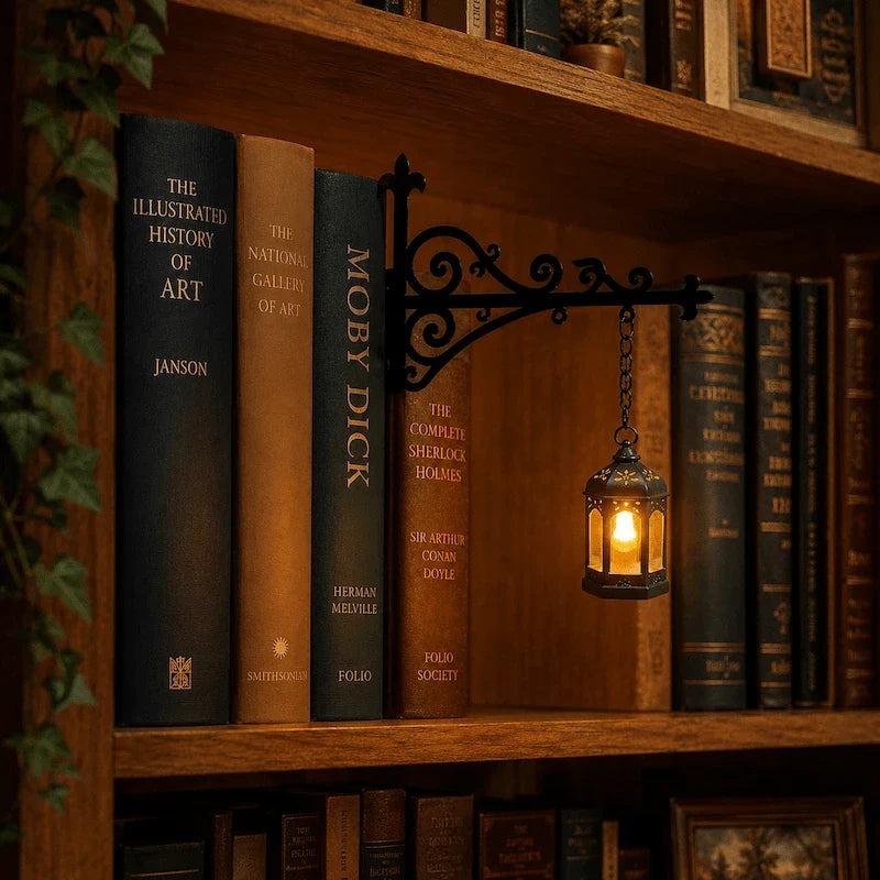 Bookshelf light with decorative mini pendant and wrought iron bracket, warm white cordless