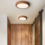 Flush mount ceiling light with walnut wood grain and white iron frame, slim modern profile