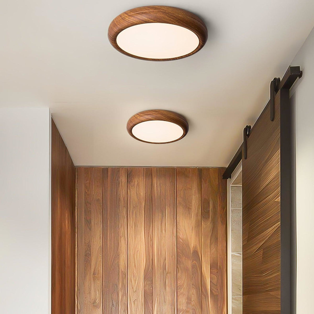 Flush mount ceiling light with walnut wood grain and white iron frame, slim modern profile