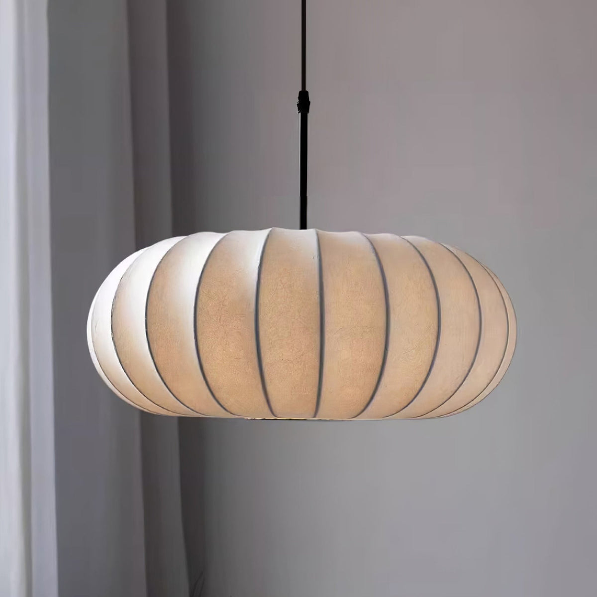 Fabric pendant light modern silk shade for living and dining room, hardwired matte finish