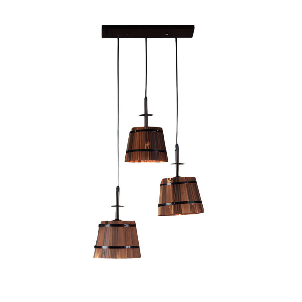 Pendant light with rustic wooden bucket shade, industrial vintage style