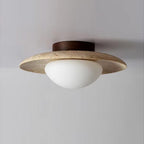 Semi-flush ceiling light with travertine and wood finish, warm white LED glow, modern low-profile design