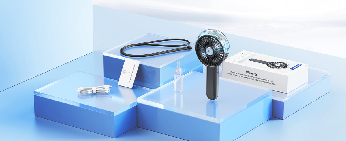 Outdoor misting fan portable foldable 180° handheld with nano-mist spray and 3 speeds