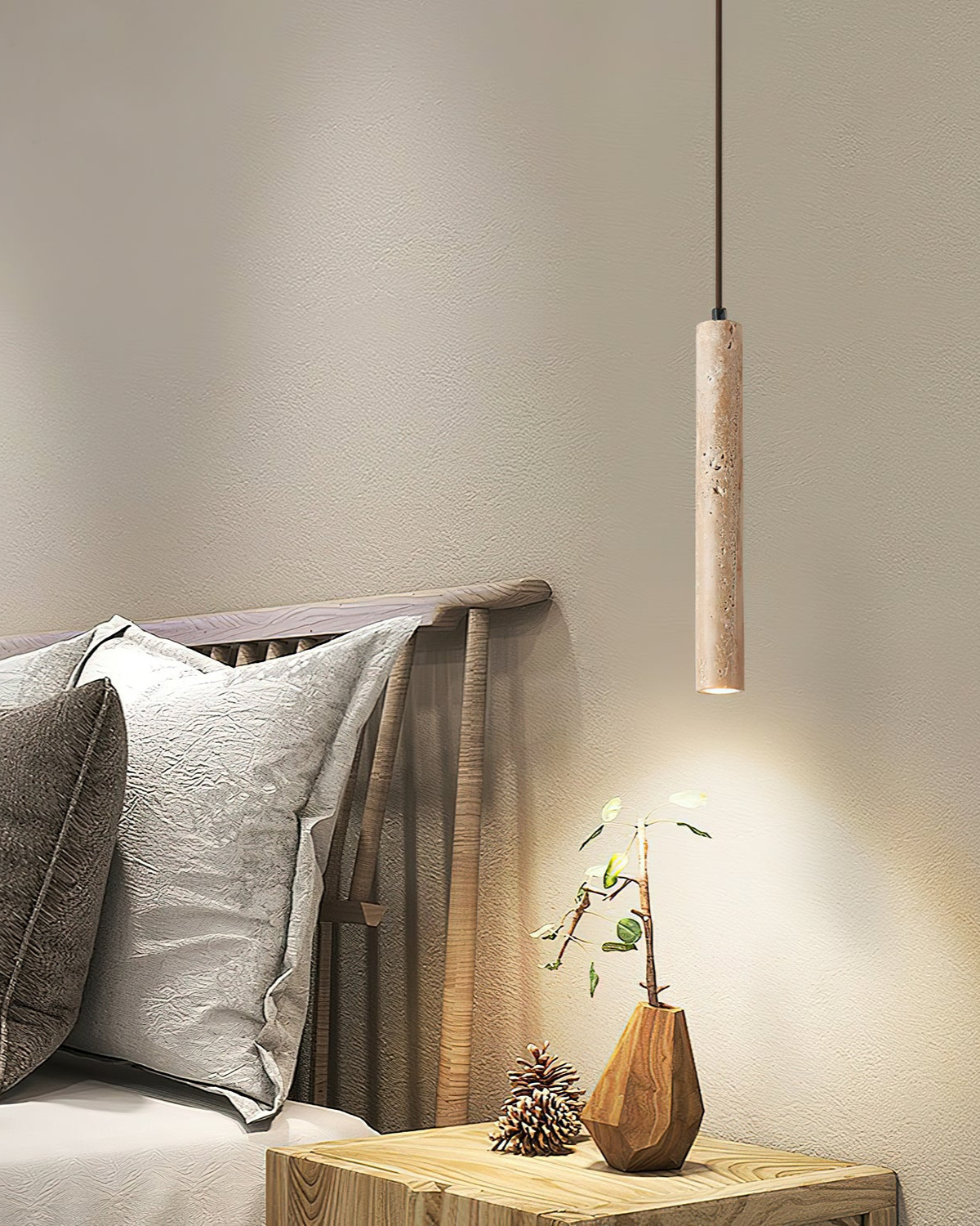 Travertine pendant light minimalist cylinder natural stone warm ambient glow