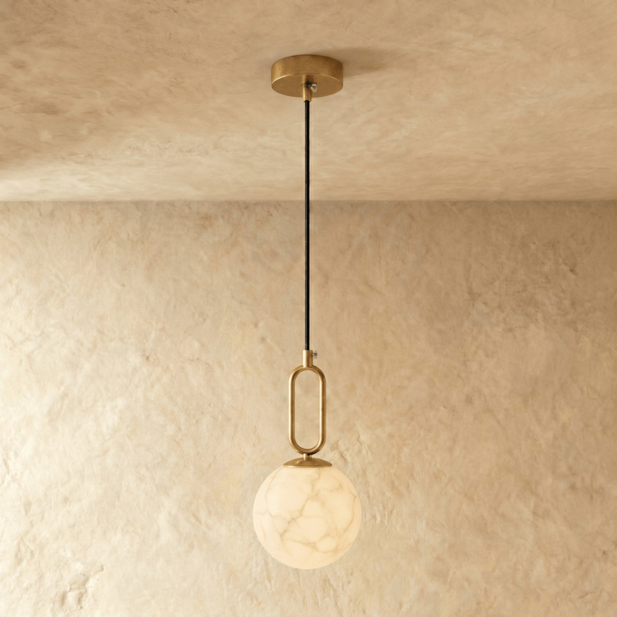Marble pendant light warm LED glow, minimalist natural stone hardwired ceiling fixture