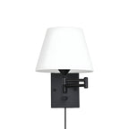 Plug-in swing arm wall lamp with linen shade and black iron frame, warm white E26 LED