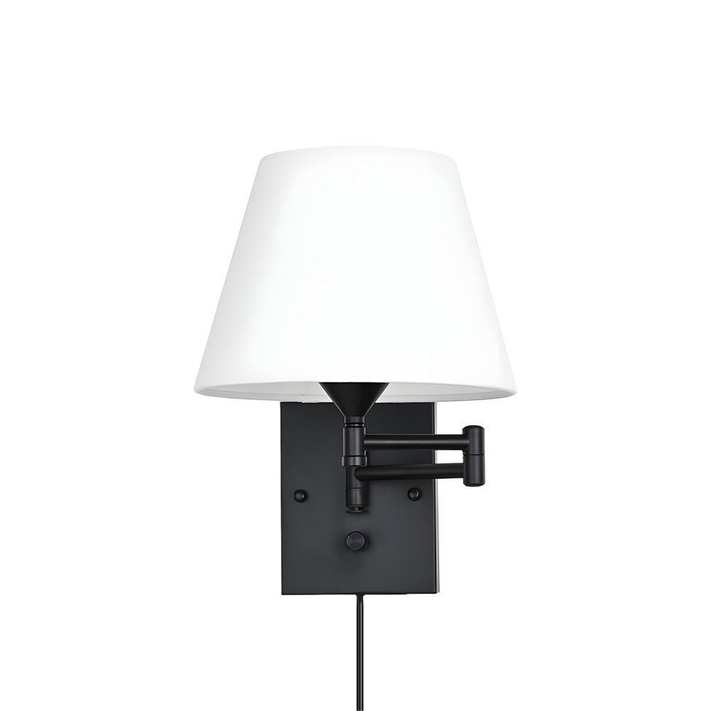 Plug-in swing arm wall lamp with linen shade and black iron frame, warm white E26 LED
