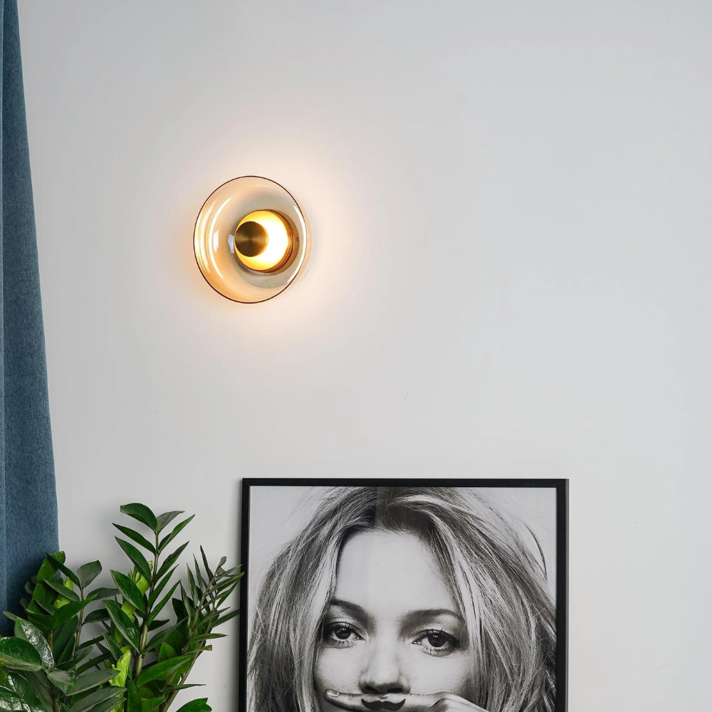 Round wall sconce with brass and glass shade, minimalist LED 1-light indoor fixture